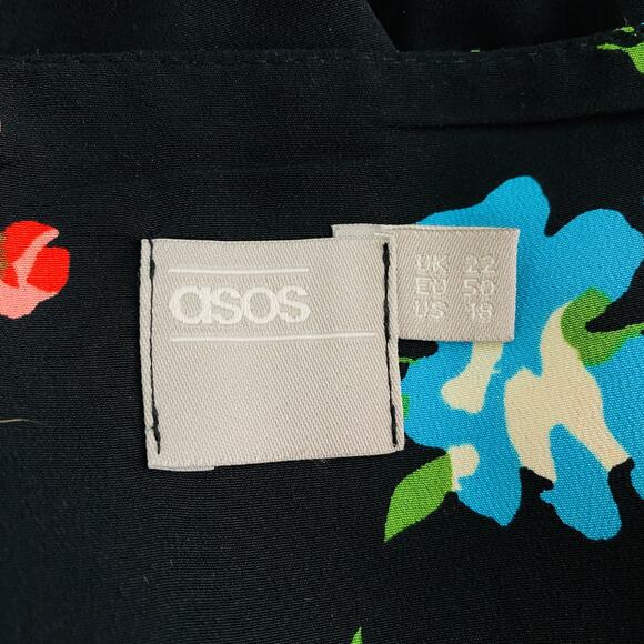 ASOS Blouse Top Size 18 Black Floral Bell Sleeves V-Neck Peplum - Picture 7 of 9